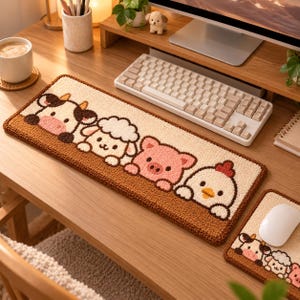 May include: A rectangular tufted keyboard wrist rest featuring a cream-coloured top with a brown border and a row of four cartoon farm animals: a cow, a sheep, a pig, and a chicken. The matching mouse pad shows the same animal pattern.