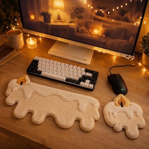 Melting Wax Drip Punch Needle Desk Set, Textured Keyboard and Mouse Wrist Rest Duo for Cozy Creative Workspaces