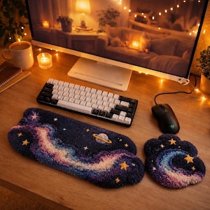 Nebula Gas Cloud Punch Needle Desk Set, Cosmic Keyboard Wrist Rest and Matching Mouse Mat, Celestial Office Textile Workspace Decor