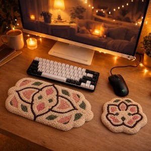 May include: A rectangular keyboard wrist rest and a matching circular mouse pad, both featuring a tufted, cream-colored base with a repeating floral pattern in soft pink and sage green, accented by dark brown outlines on a wooden desk surface.