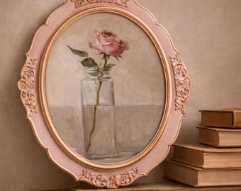 Vintage Pink Oval Frame Art, 6 Inch Floral Wall Decor, Antique Rose Painting, Cottagecore Home Decor, Romantic Gift for Her