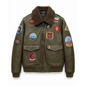 Men's Maverick Leather Bomber Jacket with Embroidered Patches – Pilot Flight Style