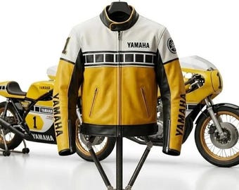 Jaqueta de couro vintage amarela para motociclista Yamaha Racing, feita em couro bovino legítimo.