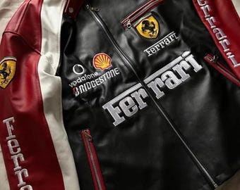 Jaqueta de couro vintage Ferrari Racing dos anos 90 – Vestuário para motociclistas com bordados