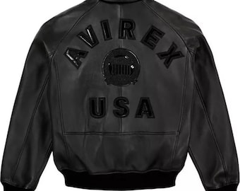Men's Avirex Black Real Bomber American Flight Jacket 100% Leather Jacket