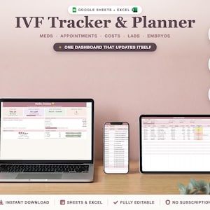 May include: An IVF Tracker & Planner digital template for Google Sheets and Excel displayed on a laptop, smartphone, and tablet. The interface features a dashboard with tabs for meds, appointments, costs, labs, and embryos, including auto-calculation features and a private design. The layout is organized with pink and white color schemes.