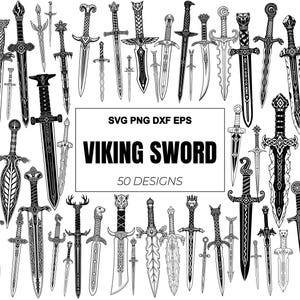 Op de afbeelding: Een verzameling van 50 zwart-wit lijntekeningen van Vikingzwaarden met gedetailleerde gevesten en bladen. De centrale tekst luidt SVG PNG DXF EPS VIKING SWORD 50 DESIGNS. Deze digitale grafische ontwerpen bevatten verschillende vormen van zwaardbladen.