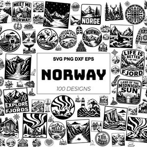 Lot de 100 fichiers SVG (PNG, EPS, DXF) sur la Norvège : fjords norvégiens, Vikings, voyages nordiques, montagnes, faune, phares (fichiers de découpe Cricut).