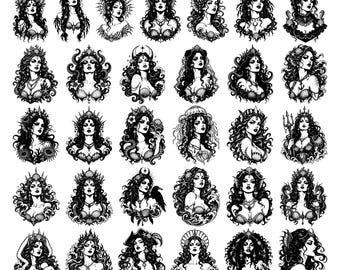 36 Gothic Sea Witch Women Mermaid Siren Ocean Goddess Bundle SVG PNG EPS Dxf