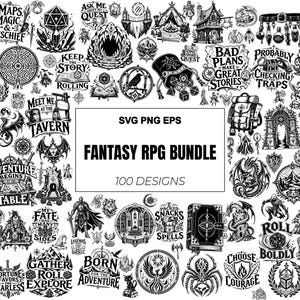 Pacchetto di 100 immagini SVG, PNG, EPS per giochi di ruolo fantasy, Dungeons & Dragons, Dice Quest Adventure Clipart