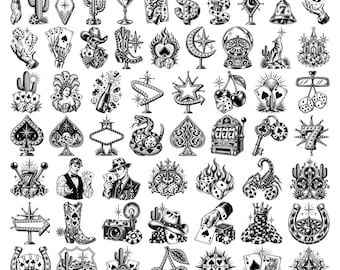 79 Vegas Casino Tattoo Flash Bundle Vintage Gambling Western Lucky Seven Dice Cards Cowboy Designs SVG PNG EPS Instant Download