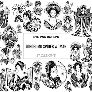 May include: A collection of 31 black and white digital illustrations featuring Jorogumo spider women in various poses, wearing traditional attire with spider web motifs and floral accents. The central text reads SVG PNG DXF EPS JOROGUMO SPIDER WOMAN 31 DESIGNS.