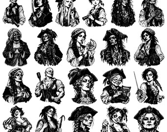 28 Gothic Pirate Women Buccaneer Captain Dark Nautical Portrait Bundle SVG PNG EPS