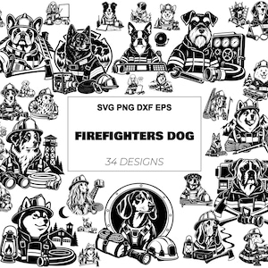 May include: A collection of 34 black and white digital illustrations featuring various dog breeds dressed as firefighters with equipment like helmets, axes, hoses, and lanterns. The central text reads SVG PNG DXF EPS FIREFIGHTERS DOG 34 DESIGNS.