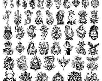 64 Vegas Tattoo Flash Retrofuturistic Rockabilly Traditionalist Counterculture Characterizations Illustrations SVG PNG EPS dxf