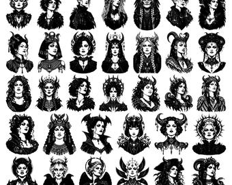 34 Gothic Lilith Demoness Portraits Supernatural Mythological Occult Feminine Illustrations Collection SVG PNG EPS