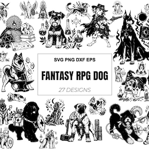 Puede incluir: Una colección de 27 ilustraciones digitales en blanco y negro que muestran perros con atuendos de juegos de rol de fantasía, incluyendo magos, guerreros y pícaros, con el texto SVG PNG DXF EPS FANTASY RPG DOG 27 DESIGNS centrado en el medio.