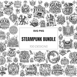 100 Steampunk SVG Bundle, Clockwork Gears, Mechanical Dragon, Inventor, Airship PNG