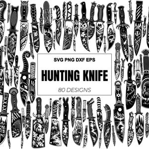 Op de afbeelding: Een verzameling van 80 zwart-wit jachtmesillustraties met diverse natuur-, dier- en landschapsmotieven op de bladen. De centrale tekst luidt SVG PNG DXF EPS HUNTING KNIFE 80 DESIGNS in een vet, strak, schreefloos lettertype.