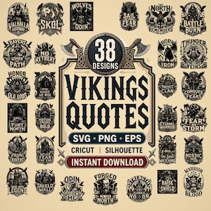 Pode incluir: Uma coleção de 38 designs gráficos com tema viking, apresentando ilustrações detalhadas de guerreiros, corvos, machados e escudos. O texto central diz 38 DESIGNS VIKINGS QUOTES SVG PNG EPS CRICUT SILHOUETTE INSTANT DOWNLOAD.