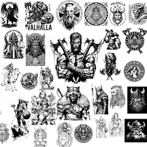 Può includere: Una collezione di illustrazioni in bianco e nero con temi della mitologia norrena, tra cui guerrieri con asce, elmi cornuti, lupi, corvi e intricati motivi a nodo circolari. I disegni mostrano varie figure in pose di combattimento.