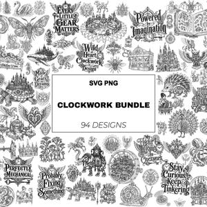 Peut inclure: Une collection numérique de 94 illustrations en noir et blanc au trait, présentant des motifs inspirés du steampunk, notamment des animaux mécaniques, des châteaux à rouages, des engrenages et des phrases comme "Clockwork Bundle".