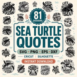Könnte beinhalten: Eine digitale Sammlung von 81 Meeresschildkröten-Designs mit verschiedenen Zitaten wie Save the Ocean, Turtley Awesome und Keep Our Ocean Blue. Das Grafikset enthält SVG-, PNG-, EPS- und DXF-Dateiformate für Cricut- und Silhouette-Maschinen.