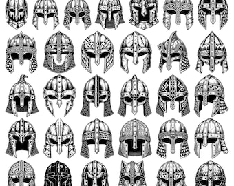 35 Viking War Helmets Scandinavian Mythological Historical Reenactment Characterizations Illustrations SVG PNG EPS dxf