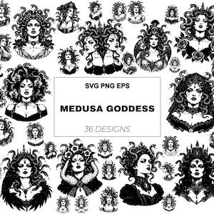 Peut inclure: Une collection de 36 illustrations numériques en noir et blanc représentant Méduse avec des serpents en guise de cheveux. Le cadre central affiche SVG PNG EPS, MEDUSA GODDESS et 36 DESIGNS. Chaque graphique montre un portrait unique du personnage.