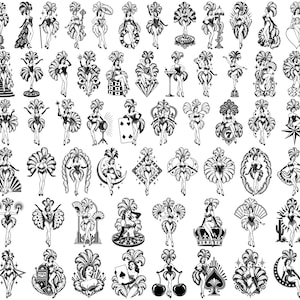May include: A collection of black and white illustrations featuring showgirls in feathered headdresses and costumes. The figures are depicted in various poses, interacting with props like playing cards, dice, moons, stars, and casino-themed items.