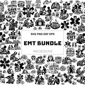 Pode incluir: Uma coleção digital de 149 designs gráficos em preto e branco com temas de serviços médicos de emergência, incluindo ambulâncias, estrelas da vida, equipamentos médicos e pessoal, com o texto SVG PNG DXF EPS EMT BUNDLE 149 DESIGNS.