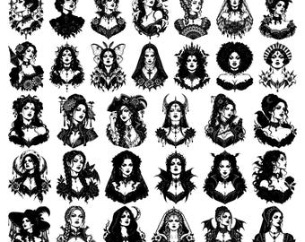 36 Gothic Vampire Women Dark Victorian Brides Witch Portrait Bundle SVG PNG EPS Dxf