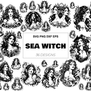 May include: A collection of 36 black and white digital illustrations featuring sea witch characters adorned with shells, coral, and aquatic elements. The central text box displays the words SVG PNG DXF EPS SEA WITCH 36 DESIGNS.