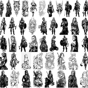 Puede incluir: Una colección de ilustraciones en blanco y negro de guerreras, cada una representada en varias poses con armas, armaduras y escudos. La obra de arte muestra un trabajo de línea detallado y un tema de fantasía.