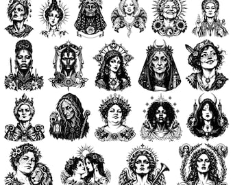 22 Gothic Tarot Women Major Arcana Mystical Witch Portrait Bundle SVG PNG EPS Dxf