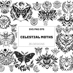Op de afbeelding: Een verzameling van 35 zwart-witte digitale illustraties met motten, manen, sterren en florale elementen. De centrale tekst luidt SVG PNG EPS CELESTIAL MOTHS 35 DESIGNS. Deze grafische ontwerpen tonen verschillende soorten motten met hemelse motieven.