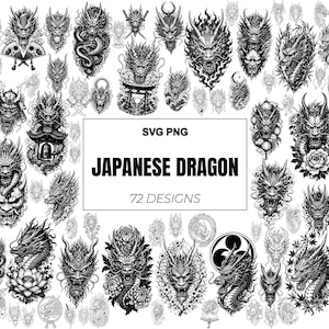 以下が含まれることがあります： 日本の龍をモチーフにした72種類の白黒デジタルイラスト集。様々な龍の頭部、全身の龍、伝統的な要素が含まれています。中央のテキストには「SVG PNG JAPANESE DRAGON 72 DESIGNS」と記載されています。