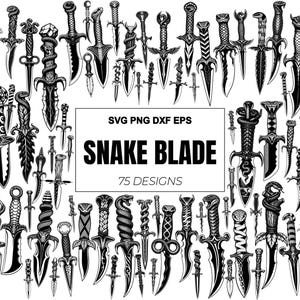 Puede incluir: Una colección de 75 ilustraciones digitales en blanco y negro de dagas y cuchillos con motivos de serpientes. El cuadro de texto central muestra las palabras SVG PNG DXF EPS, SNAKE BLADE y 75 DESIGNS en una fuente negra sin remates.
