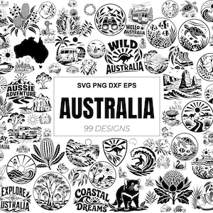 May include: A collection of 99 black and white vector illustrations featuring Australian themes, including wildlife like kangaroos, koalas, and sea turtles, landscapes, surf scenes, and landmarks, with text elements like AUSTRALIA and 99 DESIGNS.