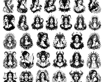 36 Gothic Zodiac Women Celestial Goddess Astrology Witch Portrait Bundle SVG PNG EPS Dxf