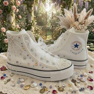 Celestial Bridal Converse Sneakers, Pearl Wedding Shoes, Star & Crystal Platform Sneakers, Bride Converse, Handmade Wedding Shoes