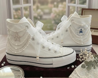 Pearl Star Bridal Sneakers, Wedding Platform Shoes, Handmade Bride Sneakers, Crystal Converse Style, Elegant Bridal Shoes