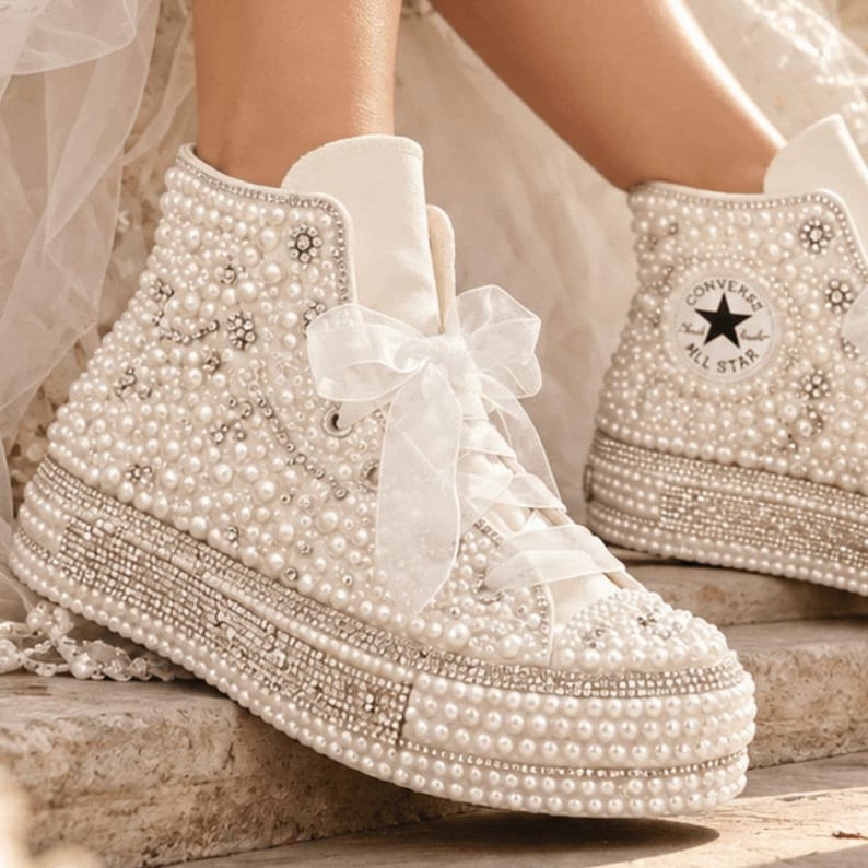 Pearl Bridal Converse Sneakers, Luxury Wedding Shoes, White Platform ...