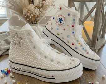 Zapatillas de novia con perlas y ojo turco, zapatillas Converse para bodas, zapatillas de novia personalizadas, zapatos de novia únicos, zapatos de boda hechos a mano