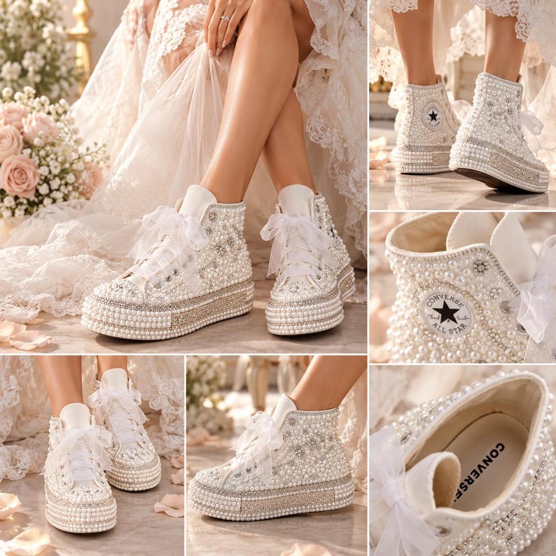 Pearl Bridal Converse Sneakers, Luxury Wedding Shoes, White Platform ...
