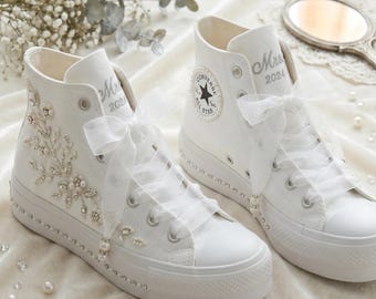 Bridal Sneakers Pearl Wedding Shoes Custom Bride Sneakers Lace Bow Wedding Shoes Personalized Bridal Shoes