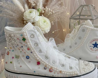 Pearl Bridal Sneakers with Evil Eye Charms, Wedding Converse Shoes, Custom Bride Sneakers, Unique Bridal Shoes, Handmade Wedding Sneakers