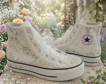 Butterfly Pearl Bridal Converse Sneakers, Personalized Wedding Shoes, Handmade Platform Bride Sneakers