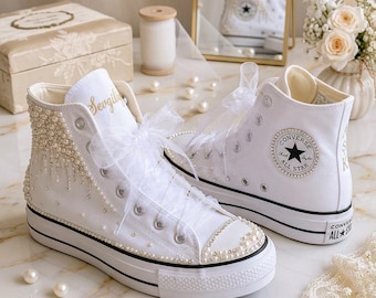 Pearl Bridal Converse Sneakers, Custom Wedding Shoes, Handmade Bride Sneakers, Platform Wedding Converse, Pearl High Top Shoes