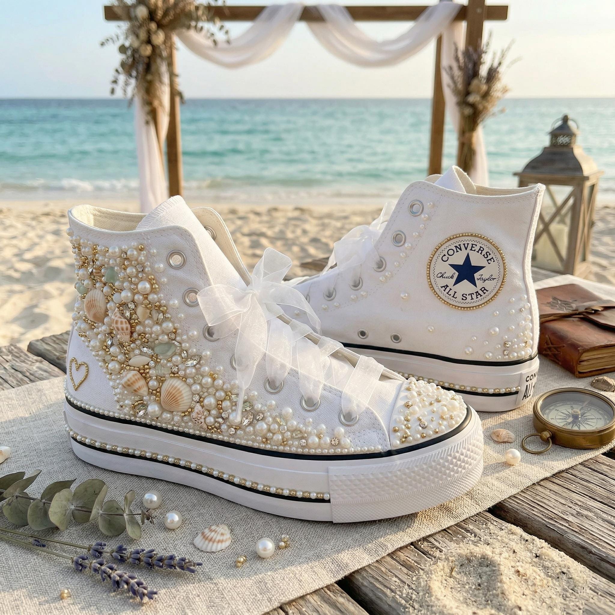 bohemian wedding dress shoes Beach Bridal Sneakers With Pearls & Seashells, Boho Converse, Custom Bride Shoes, Coastal Wedding Shoes, Platform Bridal Sneakers womens espadrille wedge was Erdem Long Sleeve Bridesmaid Dresses Size:18 R